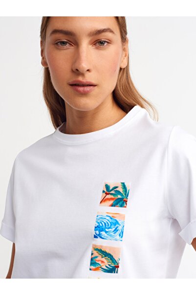 Dilvin 30144 Τυπωμένο Basic T-shirt-λευκό