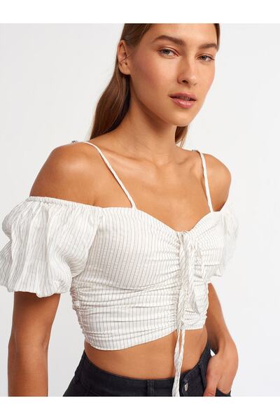 Dilvin 50163 Balloon Sleeve Crop-ecru