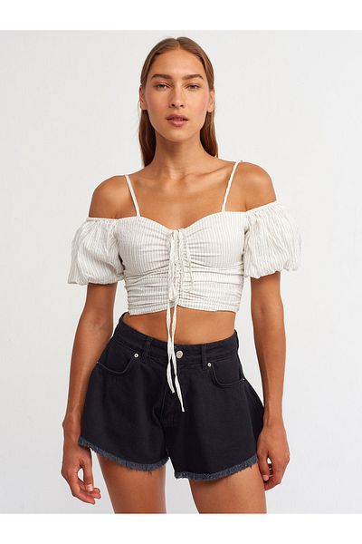 Dilvin 50163 Balloon Sleeve Crop-ecru