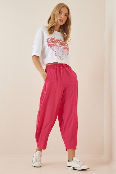 Happiness İstanbul Damskie ciemnoróżowe lniane spodnie Shalwar CI00036
