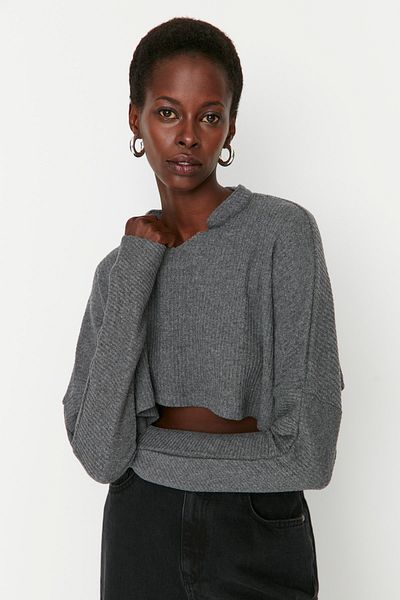 Trendyol Collection Anthracite Super Crop μακρυμάνικο πλεκτό look Πλεκτή μπλούζα TWOAW21BZ1213