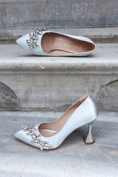 LA CALZATURE Silver Satin 9 Cm Champagne Heeled Star Stone Stiletto Women's Shoes
