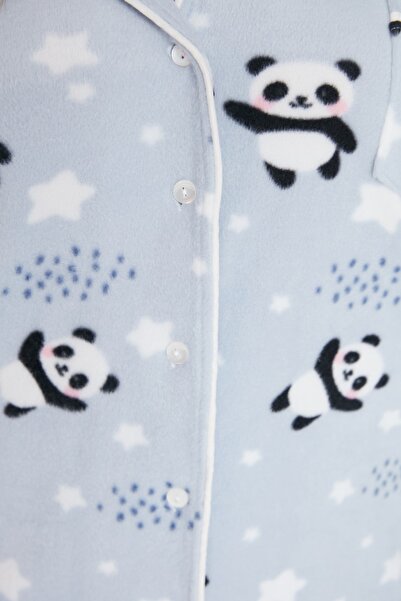 Trendyol Curve Panda mintás kék inggalléros kötött pizsama szett - TBBAW23AI00034