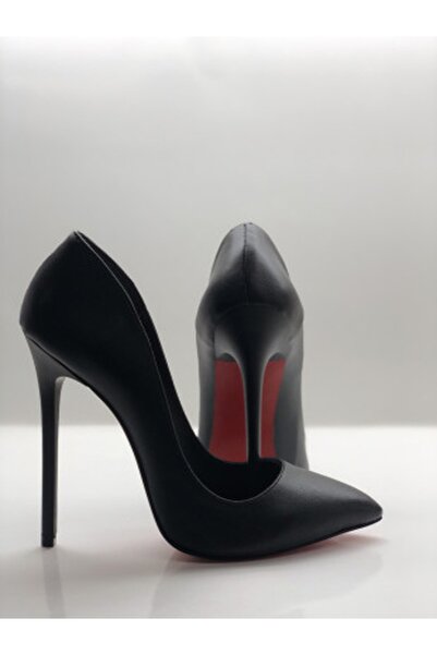 Num40S Siyah Deri Stiletto Özel Ve Büyük Numara Topuklu Ayakkabı