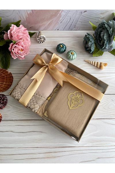 DuhaİslamiHediyelik Luxury Laced Shawl Cotton Prayer Rug Yasin Book Pearl Prayer Beads Dowry Bundle Set Home Concept