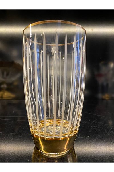 KCD Hand Decorated Cut 6 Pieces Large Tall Soft Drink Glass Gold Gilding Original Hand Made Length 14 Cm