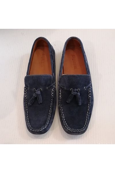 D By Divarese Unisex Genuine Leather Suede Navy Blue Pompom Soft Stitched Folding Snap Sole Loafer