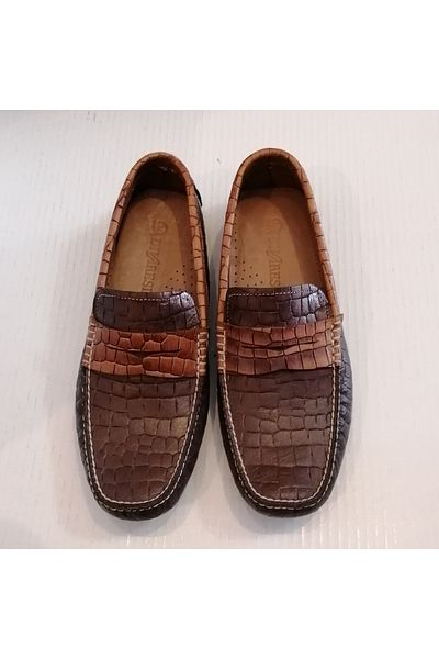 D By Divarese Unisex Genuine Leather Crocodile Print Brown Tan Combination Banded Soft Crampon Sole Loafer