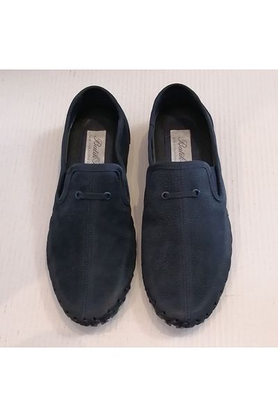 Butik Tülin Unisex Genuine Leather Nubuck Beaded Navy Blue Soft Flexible Folding Rubber Sole Loafer