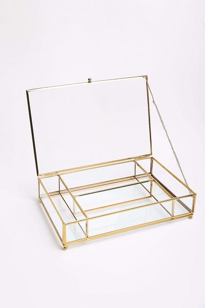 CyzHome 4 Compartments Glass Metal Framed Chain Lid Promise Engagement Chocolate Candy And Jewelry Box 30*20*6 Cm
