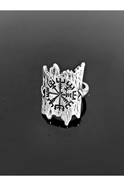 Antik Gümüş Kaplama Ayarlanabilir Viking Pusulası Vegvisir Desenli Kalkan Şekilli Yüzük