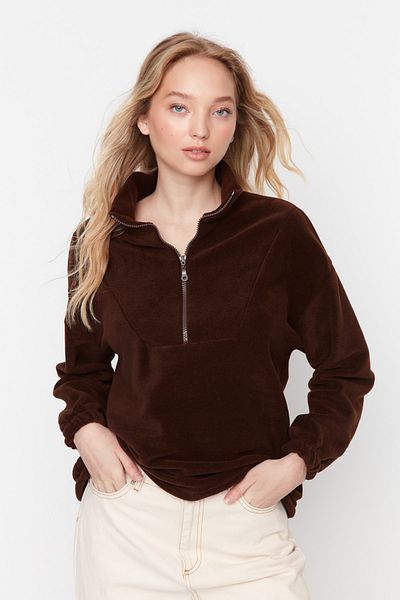 Trendyol Collection Καφέ πλεκτό φούτερ με φερμουάρ TWOAW21SW0758