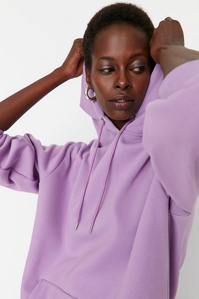 Trendyol Collection Lila Tlustý fleece Uvnitř klokaní kapsa Boyfriend/Wide Fit Pletená mikina TWOAW20SW0525