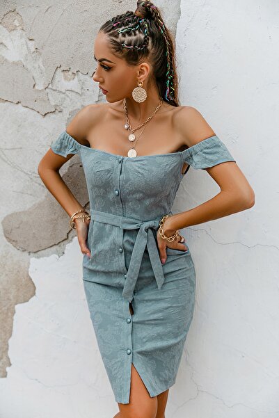 FASHION COCKTAIL Ön Düğmeli Dar Formlu Düşük Omuz Doğal Kumaş Elbise