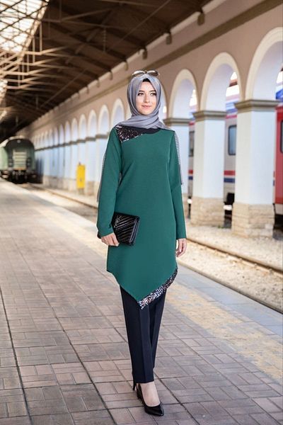 Ahunur Green Double Women's Set - Aslim Tunic and Trousers