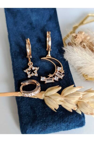 SU PERİSİ TAKI BİJUTERİ Gold Ay Yıldız 3 Lü Set Küpe