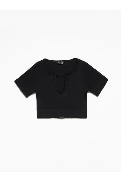 Dilvin Γυναικείο μαύρο γιακά με λεπτομέρειες Crop Top