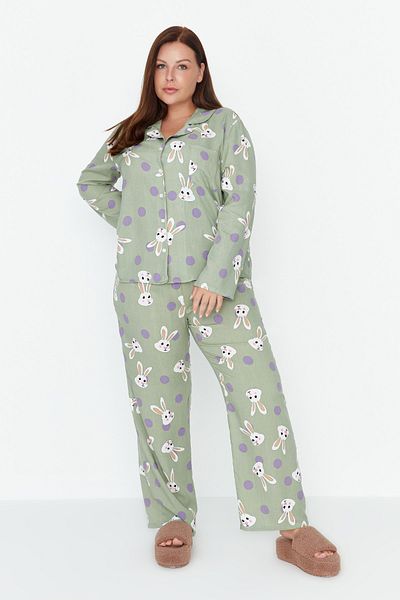 Trendyol Curve Mint Rabbit Printed Woven Pajama Set