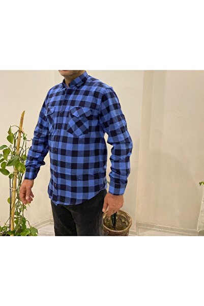 BENESSE Μακρυμάνικο πουκάμισο με φαρδιά κοπή μπλε σκακιέρα