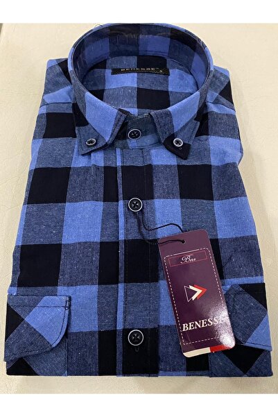 BENESSE Μακρυμάνικο πουκάμισο με φαρδιά κοπή μπλε σκακιέρα