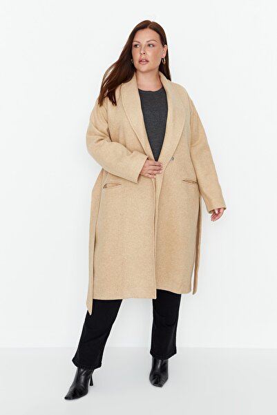 Trendyol Curve Plus Size Coat - Brown - Double-breasted