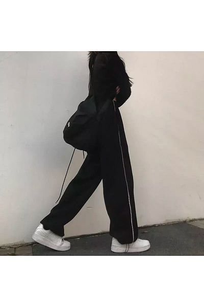 Gofeel Harajuku Zip Detail Black Tracksuit Black Oversize Trousers