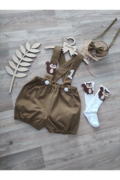 Feriatolye Sincap Konsepti Yağ Yeşili Erkek Bebek Şort Salopet 1 Yaş Doğum Günü