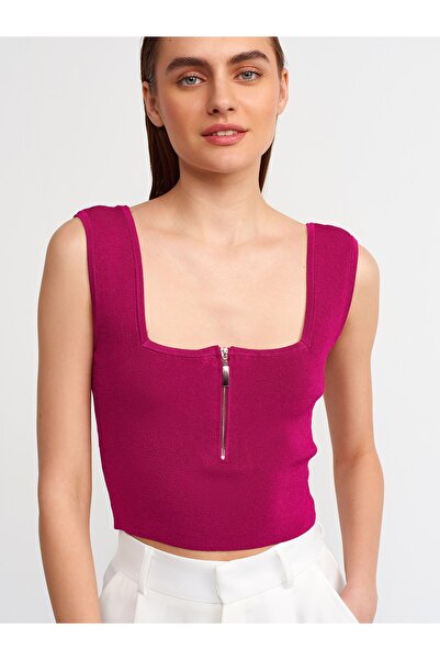 Dilvin 10197 Square Neck Zippered Knitwear Athlete-raspberry