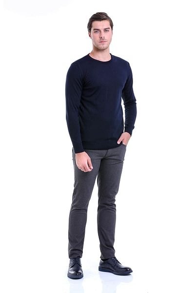 Hatemoğlu Navy Blue Comfort Fit Plain Crew Neck Woolen Sweater