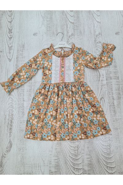 Esterella Rochie pentru fetiță cu mânecă lungă / Chenille Guipure Detaliu / Rochie subțire din velur