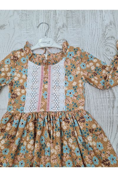 Esterella Rochie pentru fetiță cu mânecă lungă / Chenille Guipure Detaliu / Rochie subțire din velur