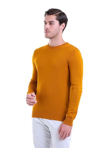 Hatemoğlu Men's Mustard Crew Neck Knitwear Sweater - Regular Fit