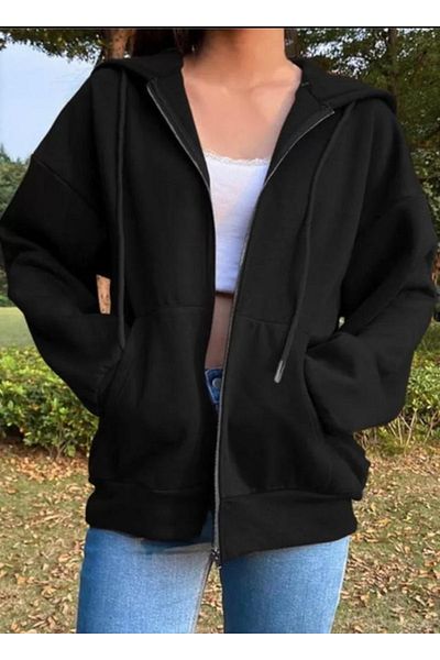 Gofeel Black Oversize Unisex Seasonal Zippered Hooded Cardigan Cardigan