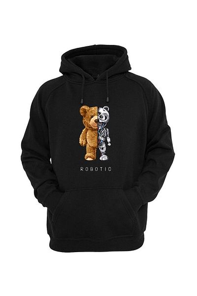 NewCabin Hanorac cu capota unisex din bumbac negru cu imprimeu urs robotic New Season