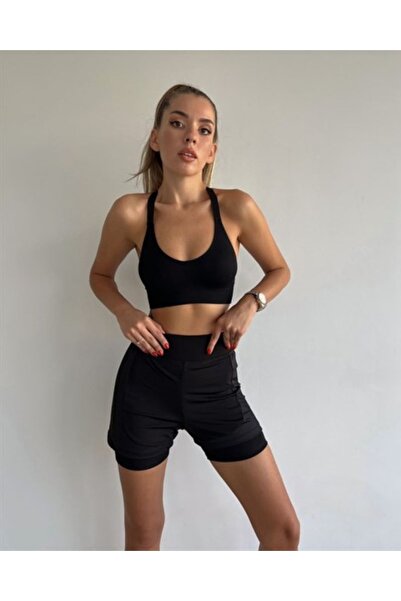moda bizimle Kadın Siyah Neon Yüksek Bel Spor Taytlı Şort