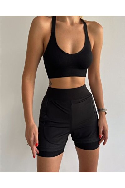 moda bizimle Kadın Siyah Neon Yüksek Bel Spor Taytlı Şort