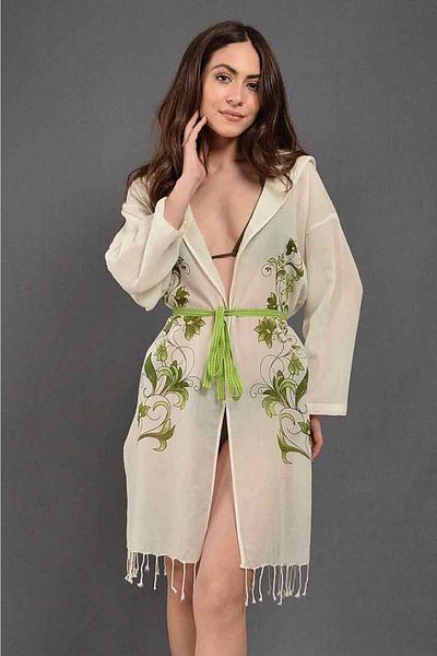 Dosimira Green Floral Pattern Hooded Short 100% Cotton Pareo / kimono / Beach Dress