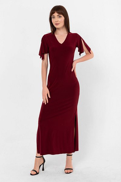 Laranor Burgundy Slit Sleeve Detail V Neck Slit Dress