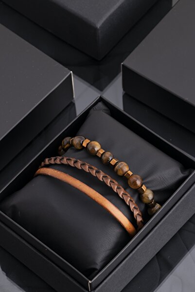 Sortie Aksesuar مجموعة أساور كابتشينو من الجلد الطبيعي وعين النمر من الحجر ال...