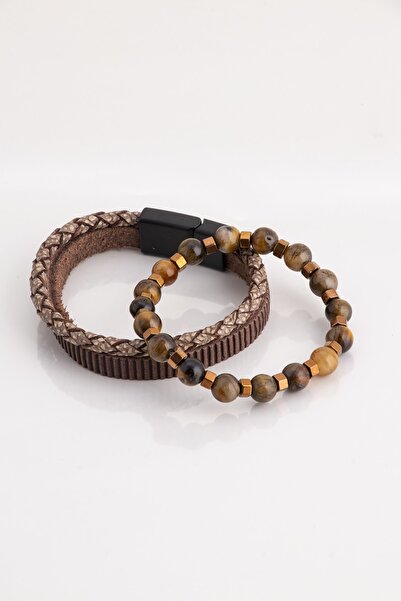 Sortie Aksesuar طقم سوار رجالي - لون بني، جلد طبيعي وحجر طبيعي 004