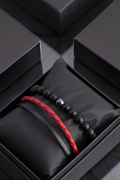 Sortie Aksesuar مجموعة أساور للرجال - جلد أسود وأحمر وحجر الهيماتيت الطبيعي 023