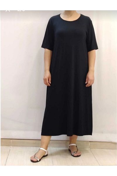 Mertcan Butik Μαύρο κοντομάνικο χτενισμένο βαμβακερό φόρεμα βισκόζης