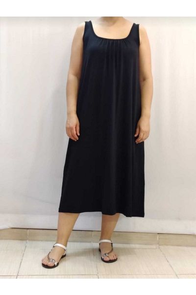 Mertcan Butik Μαύρο Βαμβακερό Βισκόζη Φόρεμα με Συσπειρωμένο Μπροστινό και Πίσω μέρος