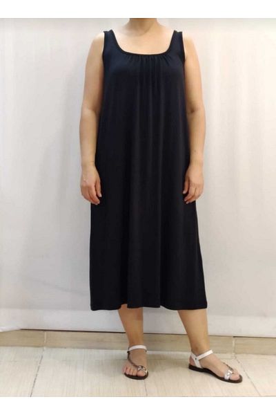 Mertcan Butik Μαύρο Βαμβακερό Βισκόζη Φόρεμα με Συσπειρωμένο Μπροστινό και Πίσω μέρος