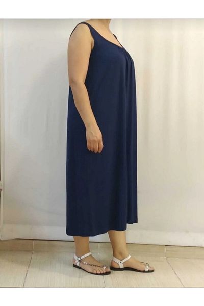 Mertcan Butik Μπλε ναυτικό φόρεμα βισκόζης με συσπειρωμένο μπροστινό και πίσω μέρος