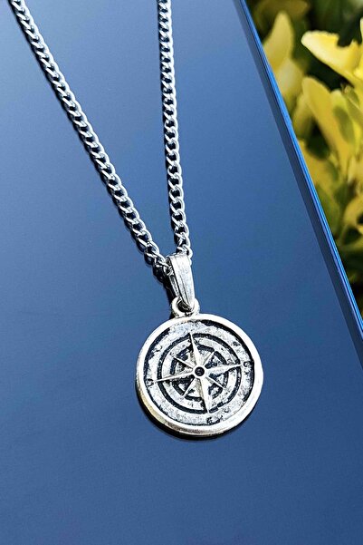 TREND COLLECTİON Eskitme Pusula Model Gümüş Kaplama Erkek Kolye