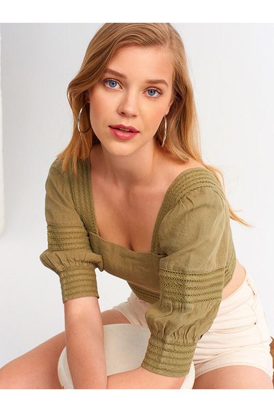 Dilvin 5798 Flor-Crop-Top-Bluse – Khaki