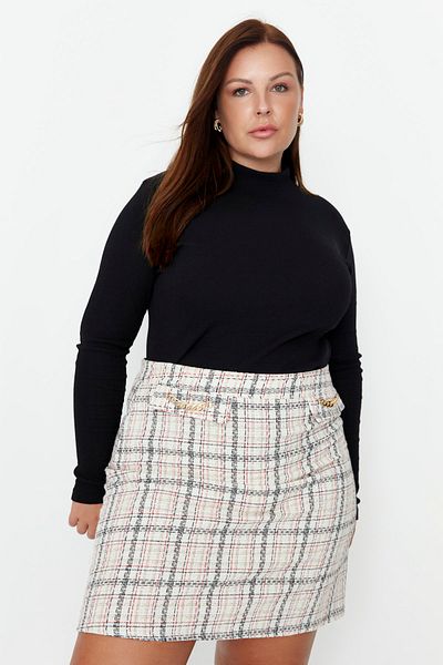 Trendyol Curve Többszínű kockás lánc részletes tweed szőtt szoknya TBBAW23AZ00027