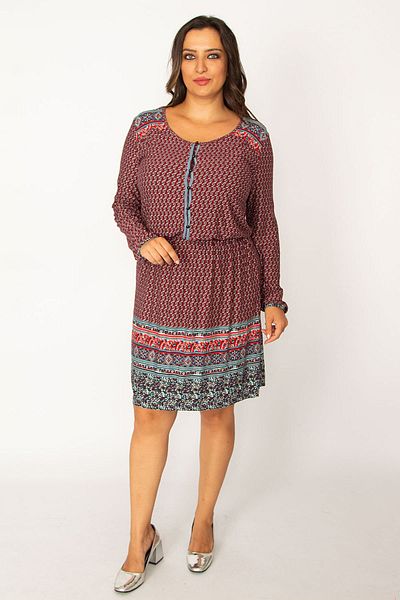 Şans Women's Large Size Colorful Front Half Buttoned Dress with Elastic Detail on the Cuff and Waist 65n34027