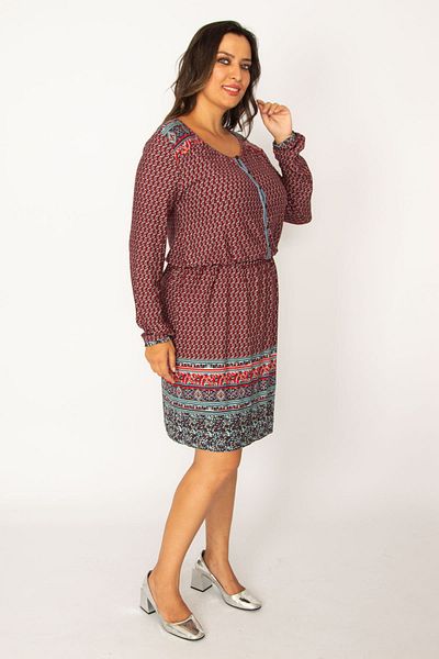 Şans Women's Large Size Colorful Front Half Buttoned Dress with Elastic Detail on the Cuff and Waist 65n34027